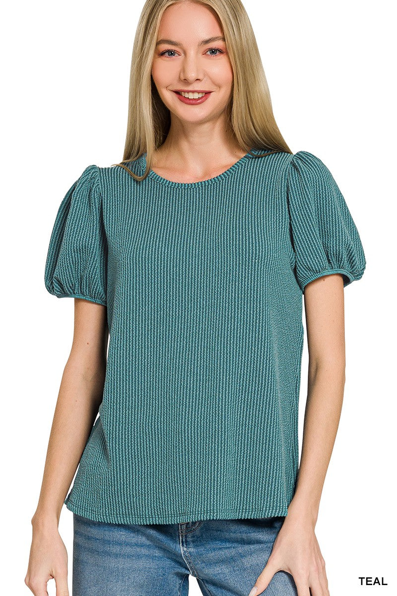 Ribbed Puff Sleeve Top - Teal