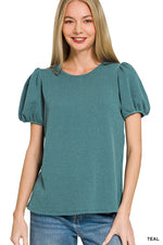 Ribbed Puff Sleeve Top - Teal