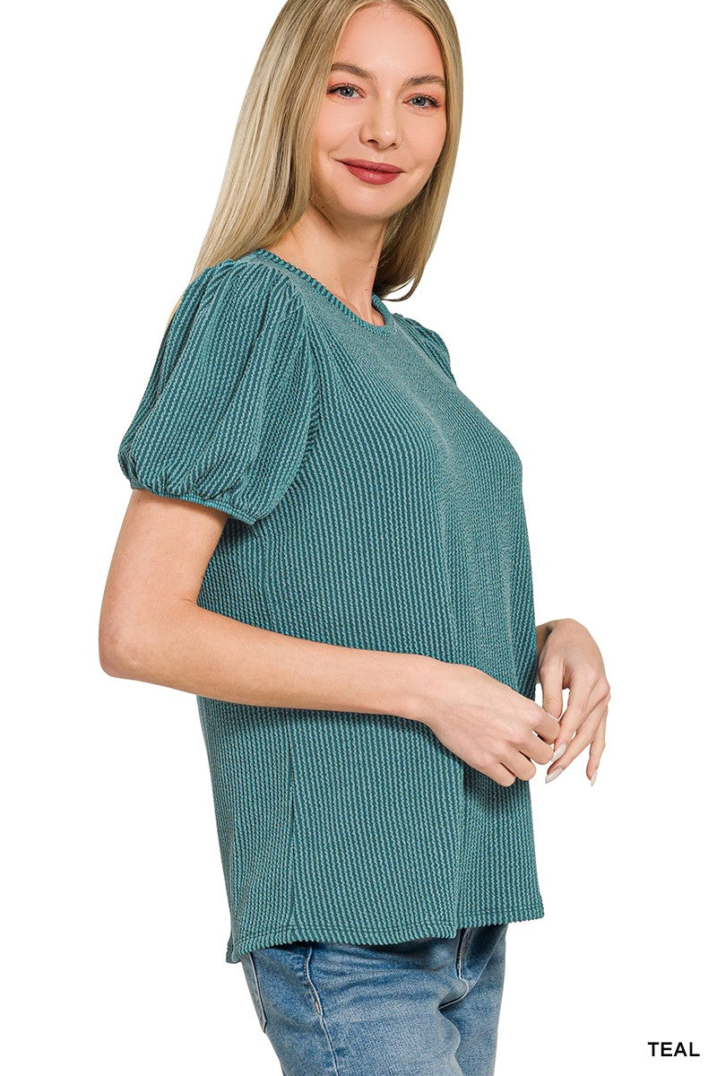 Ribbed Puff Sleeve Top - Teal