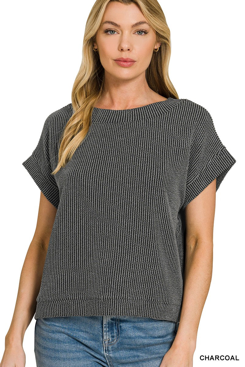 Raised Rib Cap Sleeve Top - Charcoal
