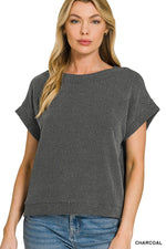 Raised Rib Cap Sleeve Top - Charcoal