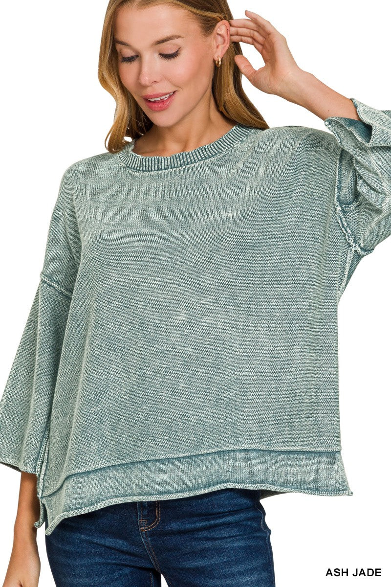 Washed 3/4 Sleeve Boxy Sweater - Ash Jade