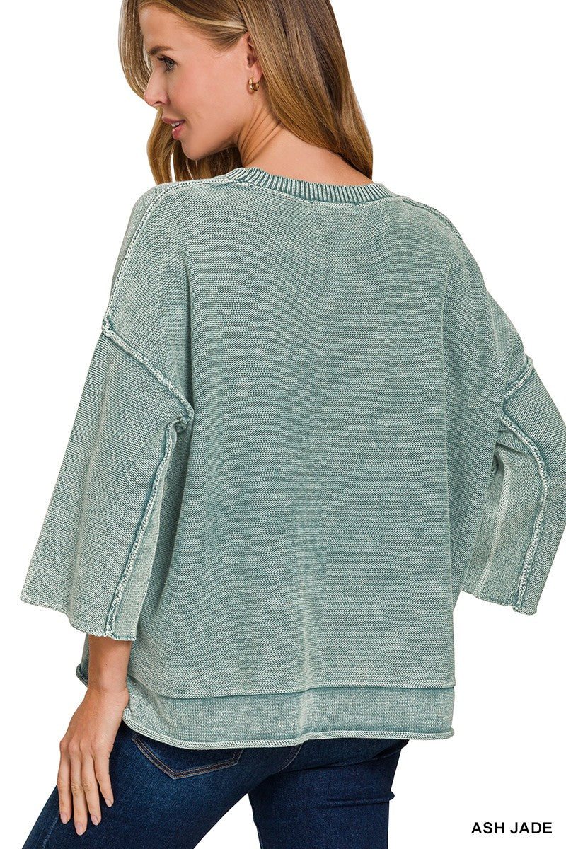 Washed 3/4 Sleeve Boxy Sweater - Ash Jade