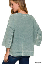 Washed 3/4 Sleeve Boxy Sweater - Ash Jade