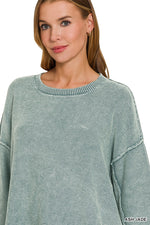 Washed 3/4 Sleeve Boxy Sweater - Ash Jade