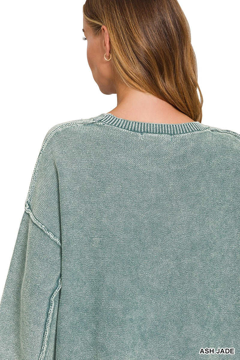 Washed 3/4 Sleeve Boxy Sweater - Ash Jade