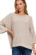 Washed 3/4 Sleeve Boxy Sweater - Light Mocha
