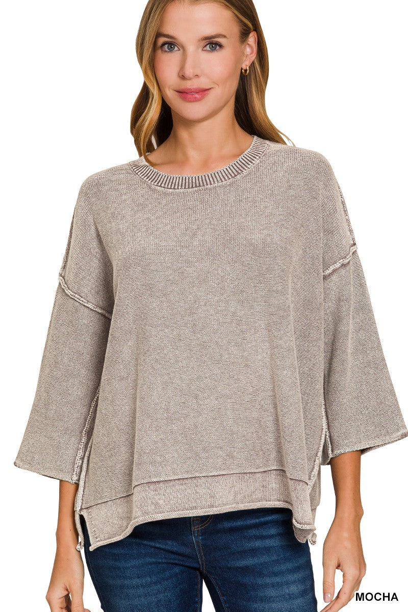 Washed 3/4 Sleeve Boxy Sweater - Mocha