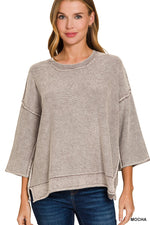 Washed 3/4 Sleeve Boxy Sweater - Mocha