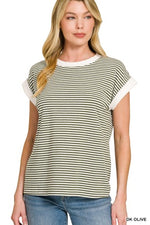 Stripe Contrast Trim Rib Banded Top - Dark Olive