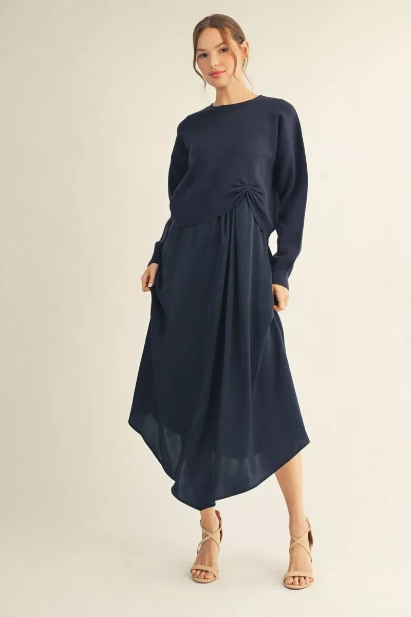 mixed fabric midi dress Navy Sleeveless Mix Fabric Midi Dress