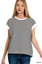 Stripe Contrast Trim Rib Banded Top - Black