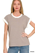 Stripe Contrast Trim Rib Banded Top - Brown