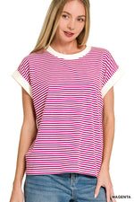 Stripe Contrast Trim Rib Banded Top - Magenta