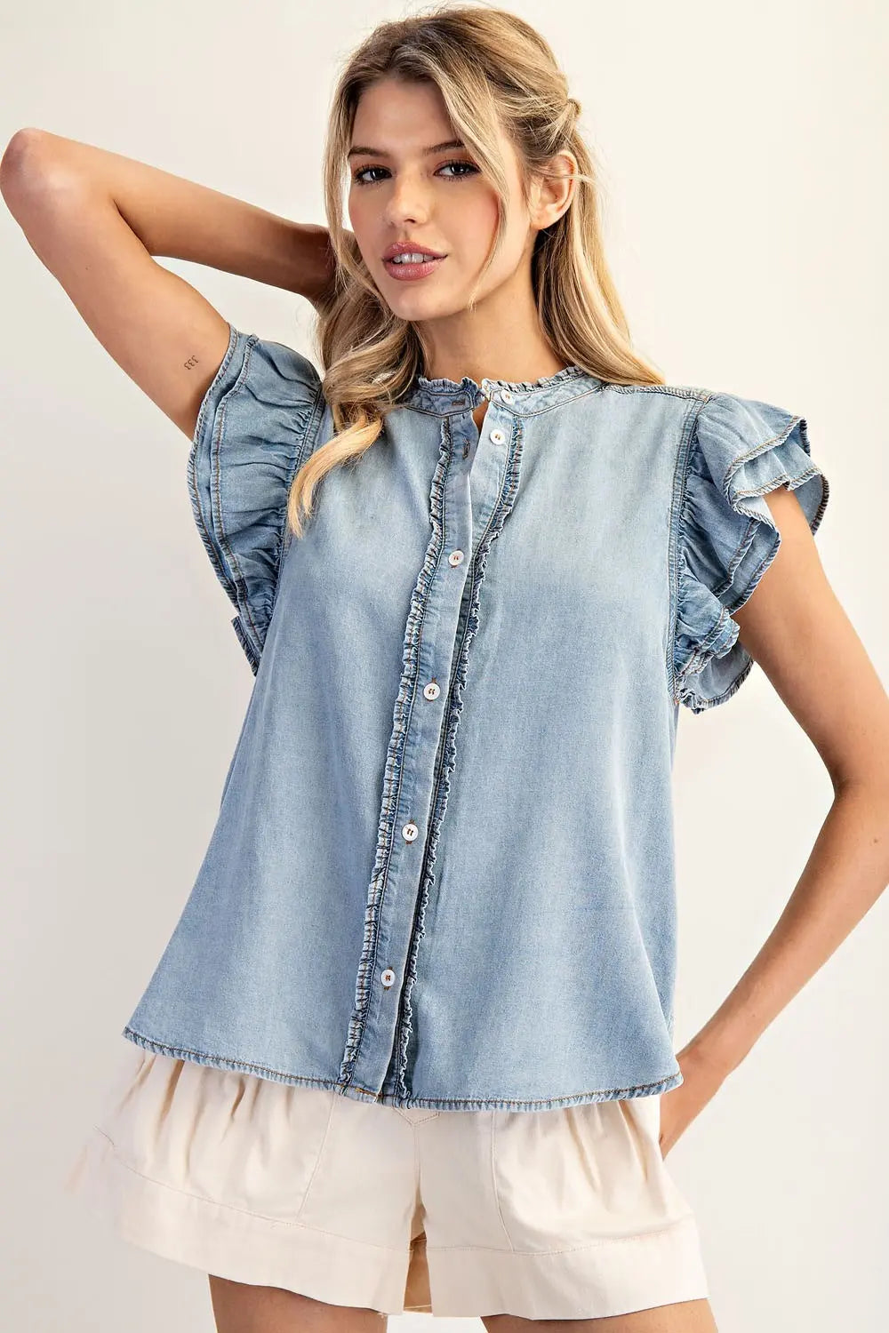 Washed Ruffle Trim Flutter Sleeve - Denim