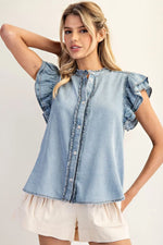 Washed Ruffle Trim Flutter Sleeve - Denim