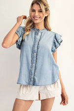 Washed Ruffle Trim Flutter Sleeve - Denim