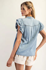 Washed Ruffle Trim Flutter Sleeve - Denim