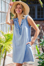 Washed Ruffled Neck Dress - Denim