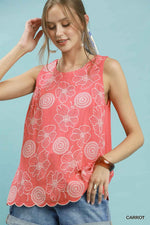 Embroidered Floral Tank -  Coral