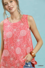 Embroidered Floral Tank -  Coral