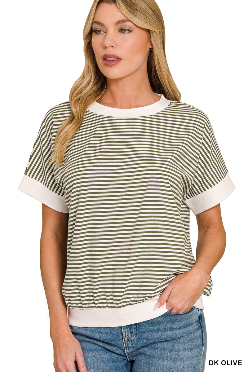 Stripe Contrast Trim Rib Banded Top- Dark Olive