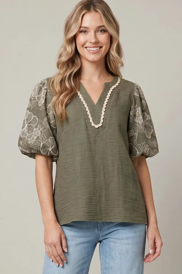 Olive Floral Embroidery Sleeve