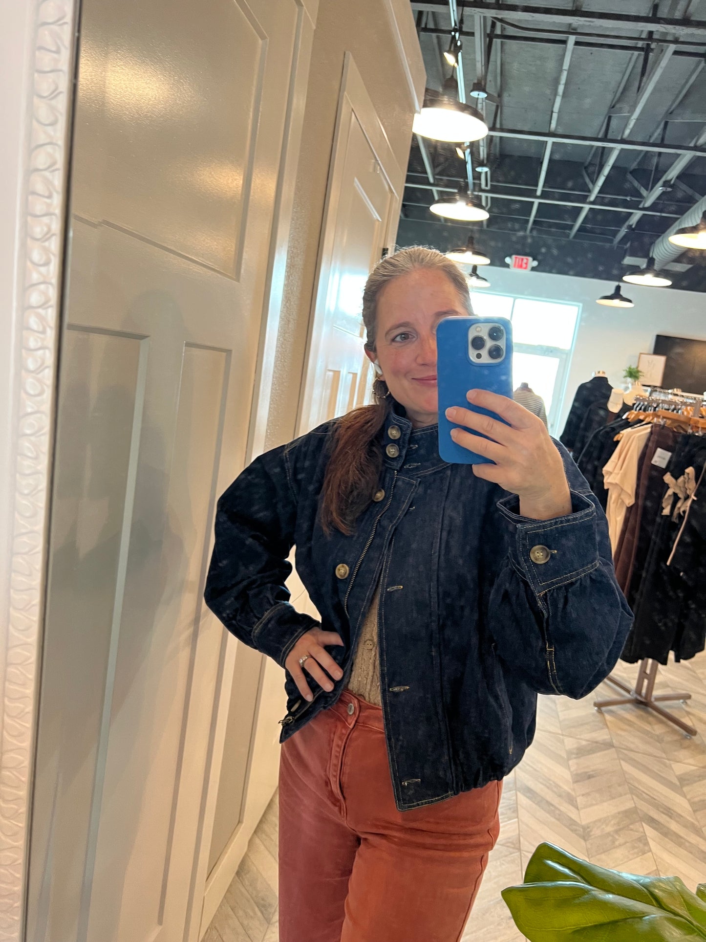 High Collar Dark Denim Bomber Jacket