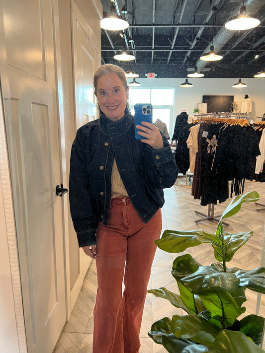 High Collar Dark Denim Bomber Jacket