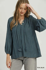 Textured Tie Neck Blouse in Teal