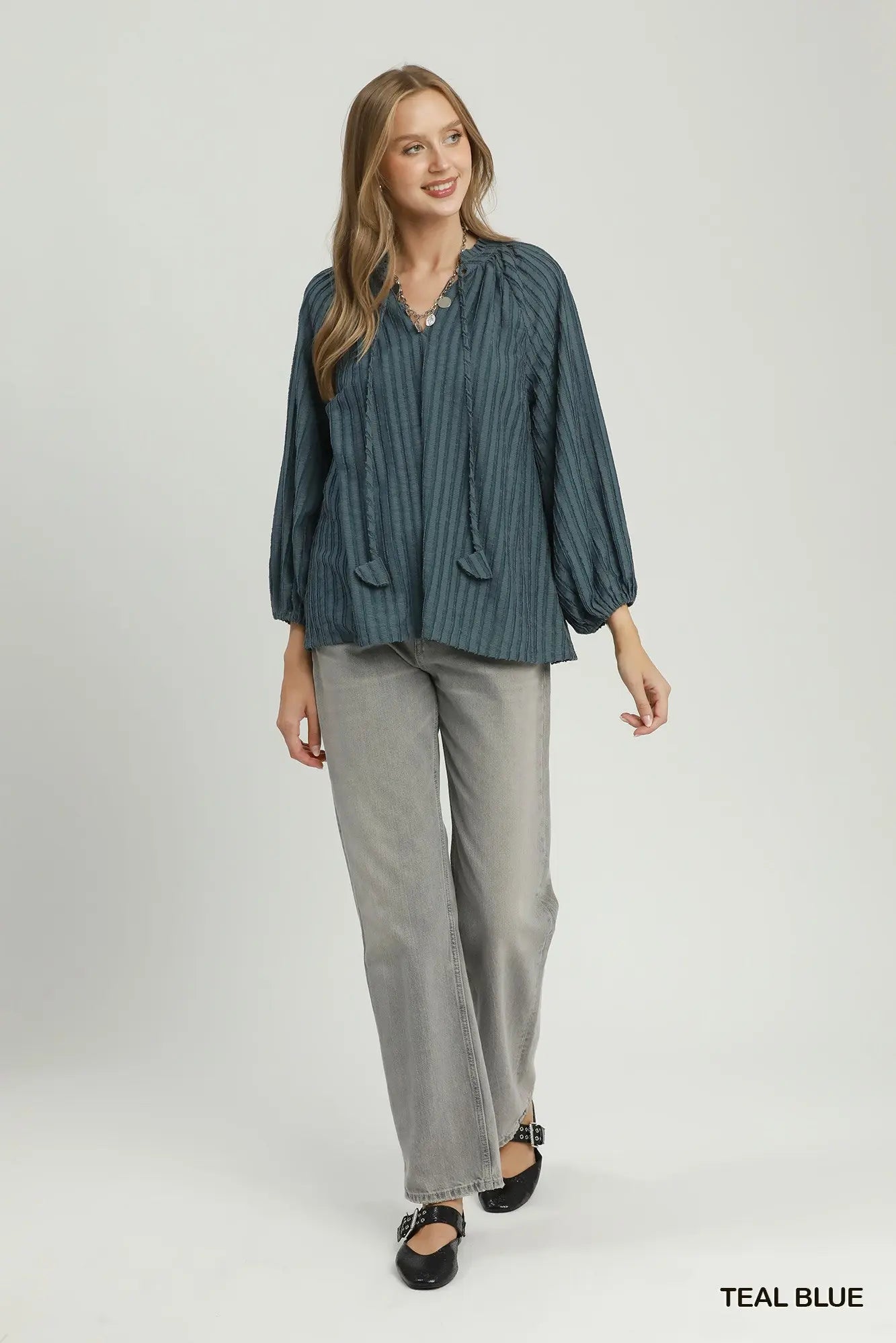 Textured Tie Neck Blouse in Teal