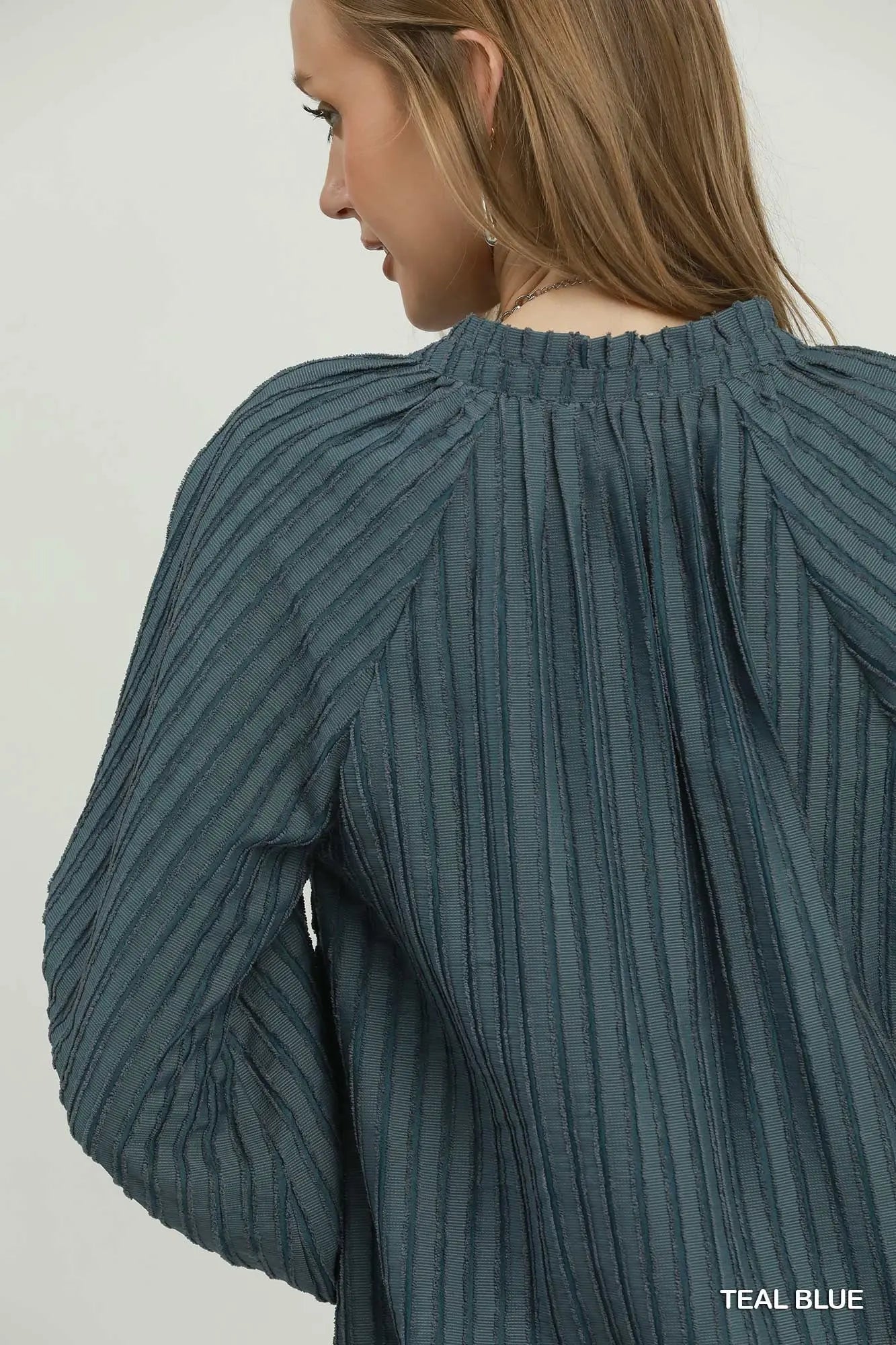 Textured Tie Neck Blouse in Teal