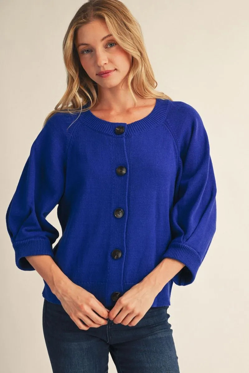 Vibrant Blue 3/4 Sleeve Cardigan Sweater
