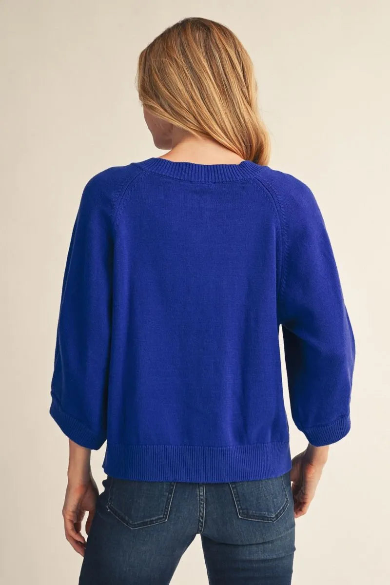 Vibrant Blue 3/4 Sleeve Cardigan Sweater