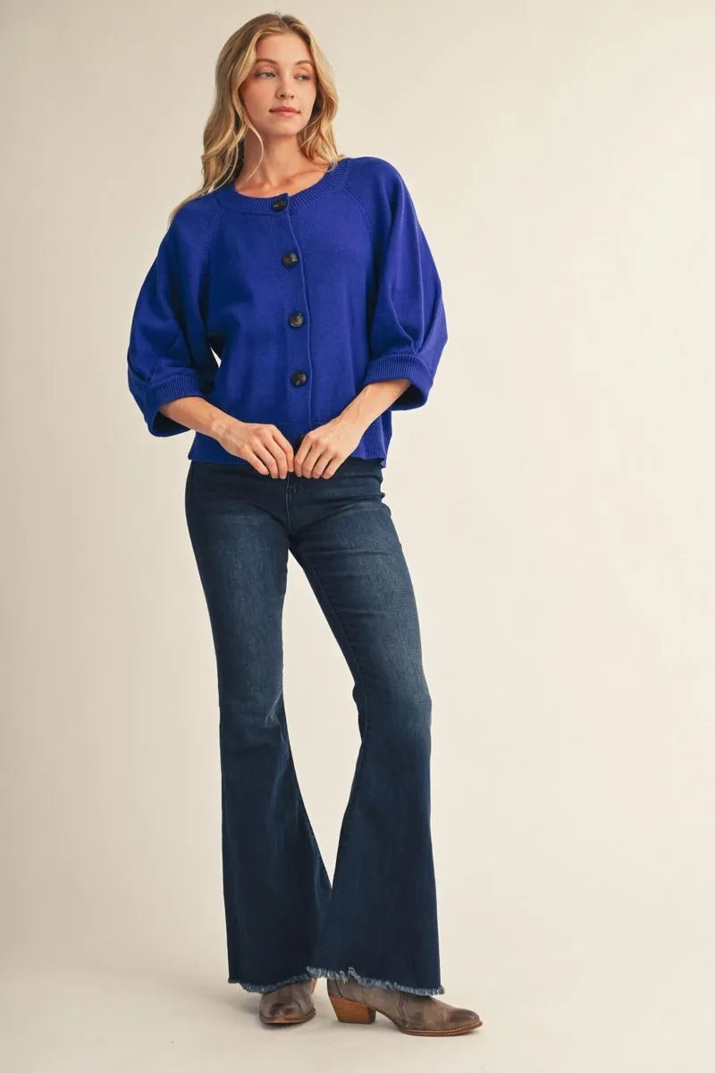 Vibrant Blue 3/4 Sleeve Cardigan Sweater