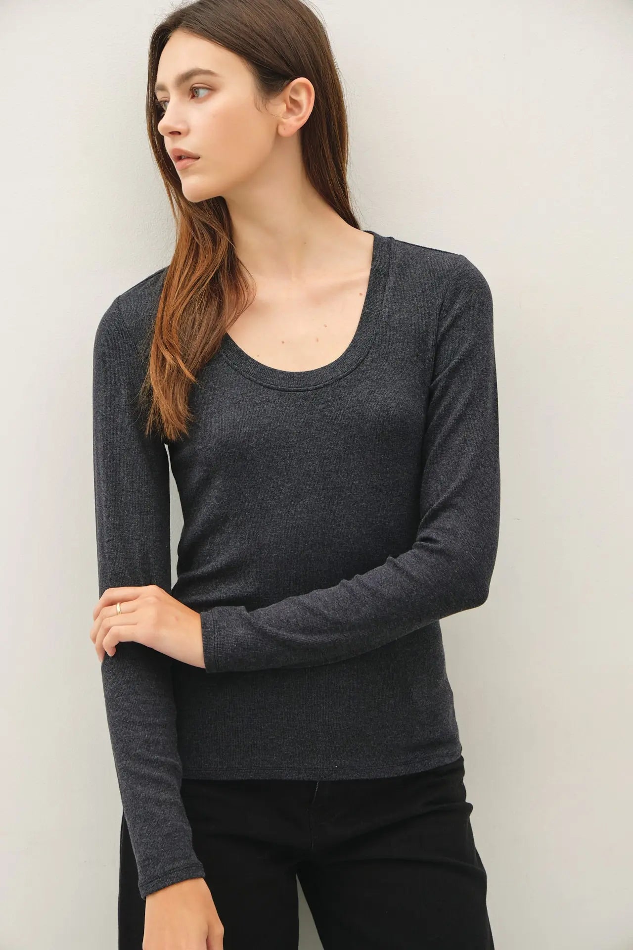 Classic Ribbed Scoop Neck: Charcoal