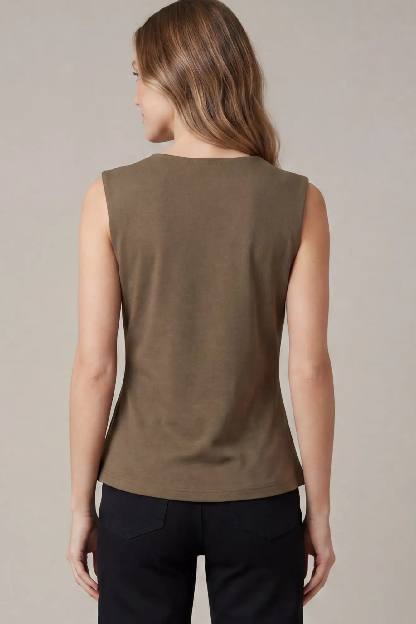 Sleeveless V-Neck with Metal Trim: Brown