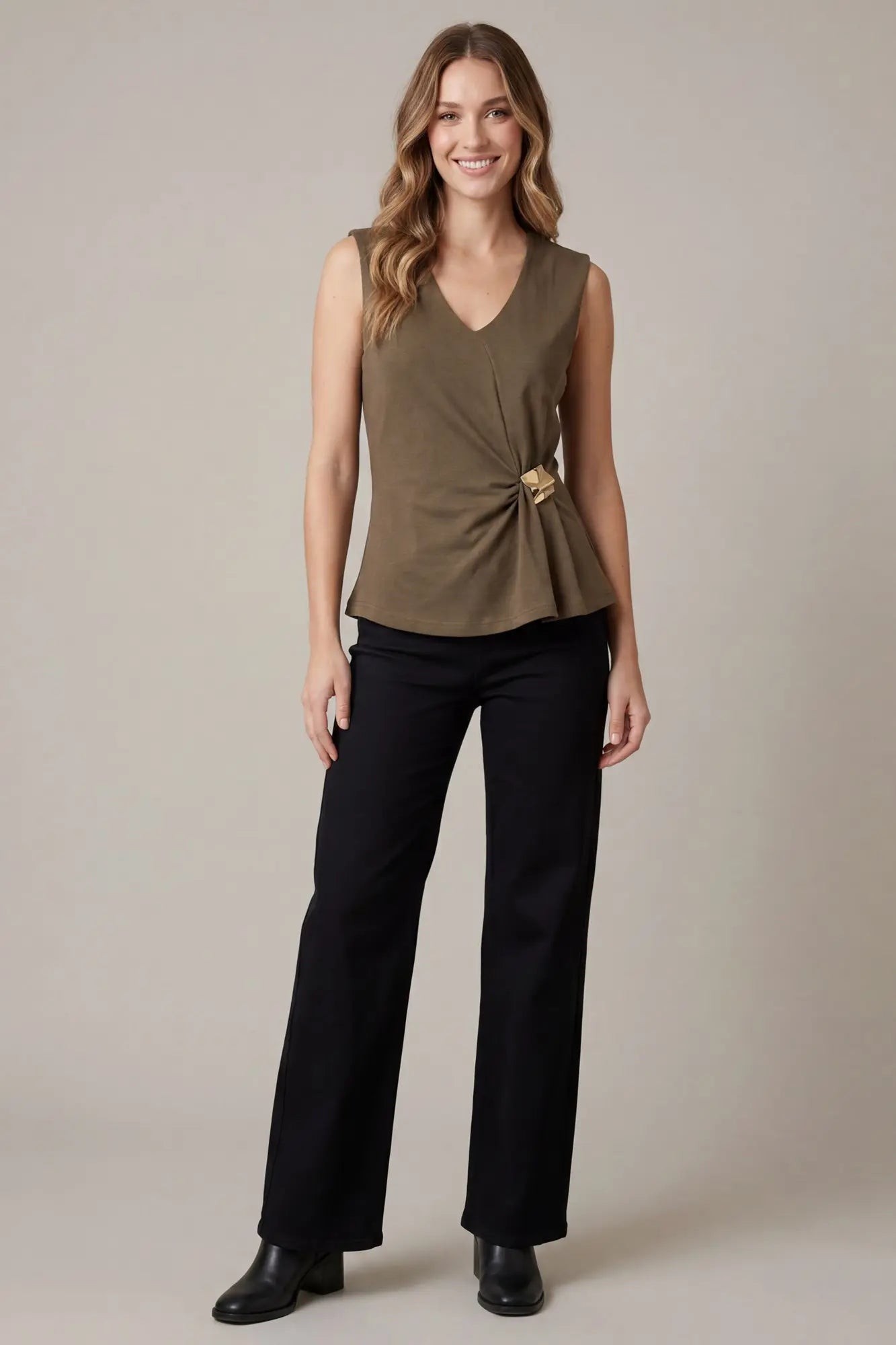 Sleeveless V-Neck with Metal Trim: Brown
