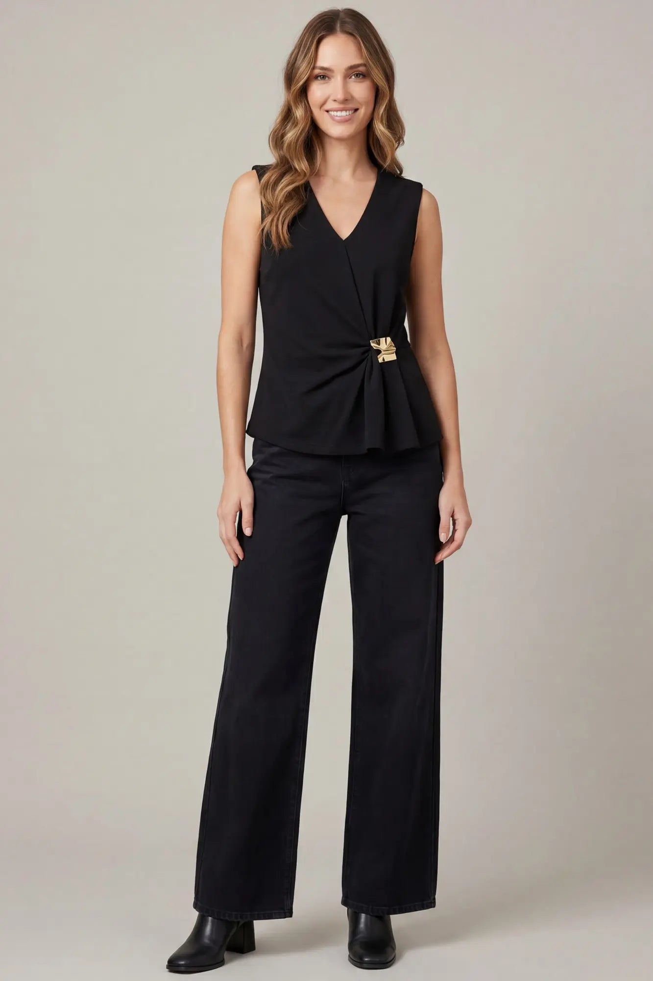 Sleeveless V-Neck with Metal Trim: Black