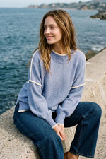 Dusty Blue Sweater With Cream Trim Detail
