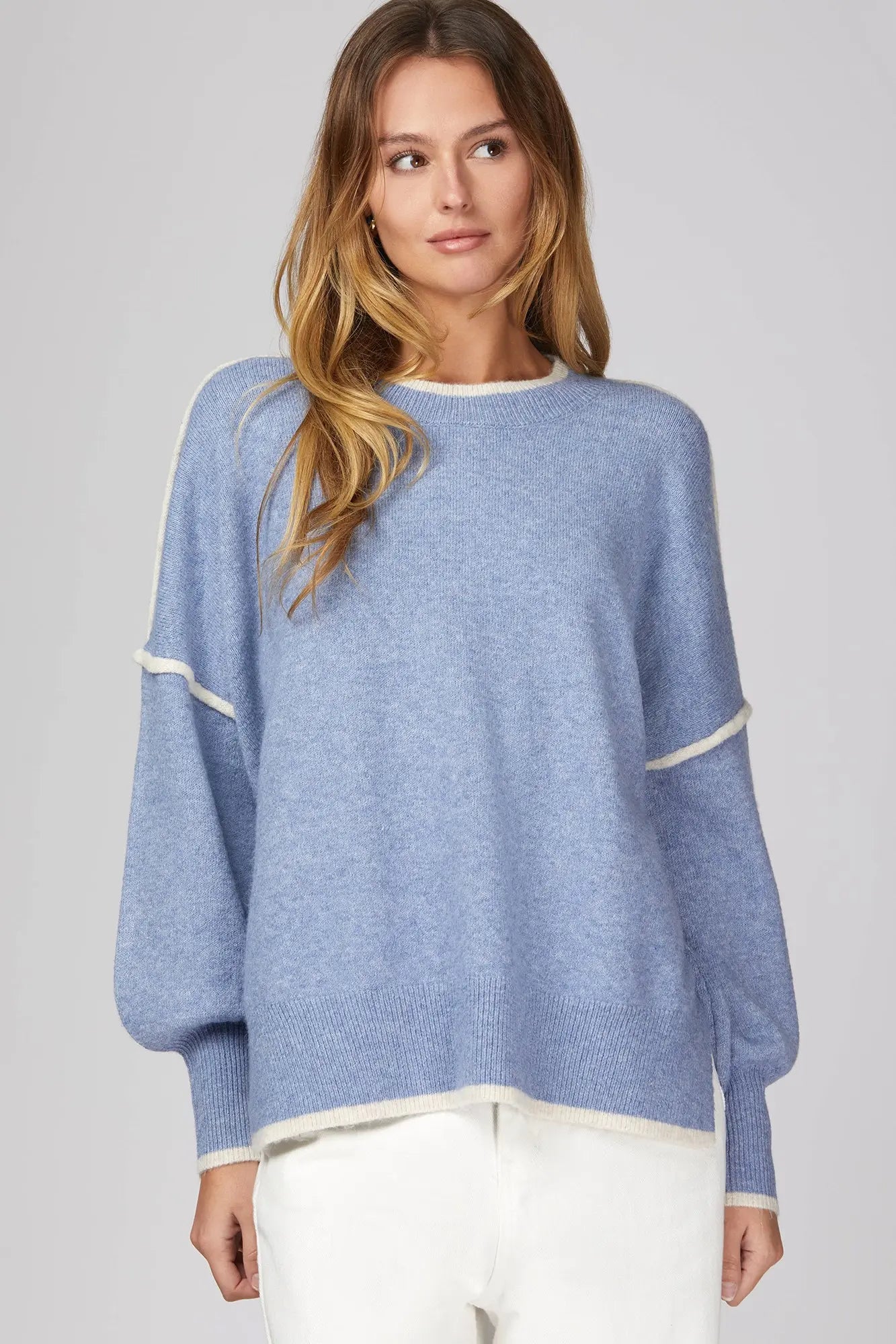 Dusty Blue Sweater With Cream Trim Detail