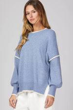 Dusty Blue Sweater With Cream Trim Detail