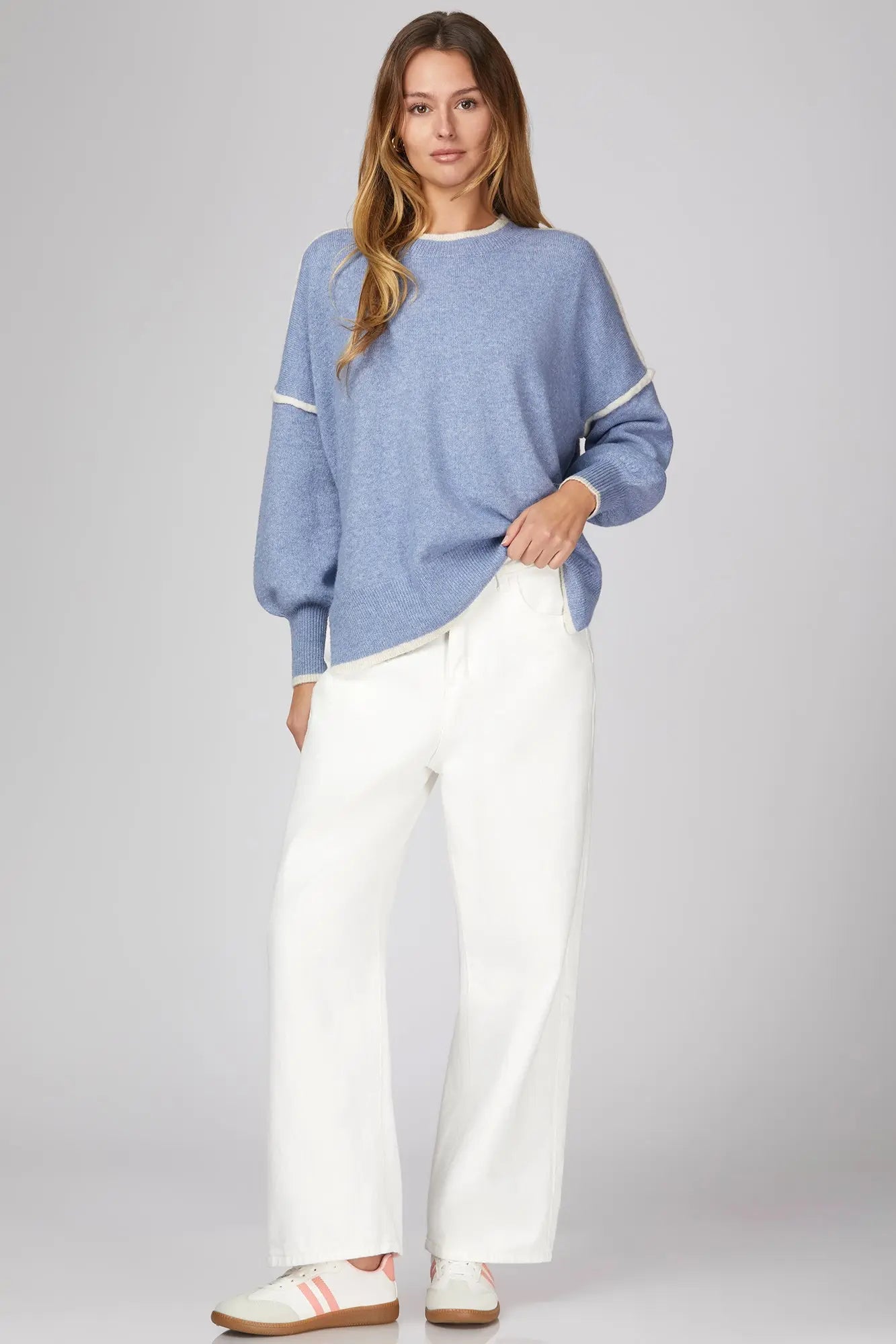 Dusty Blue Sweater With Cream Trim Detail