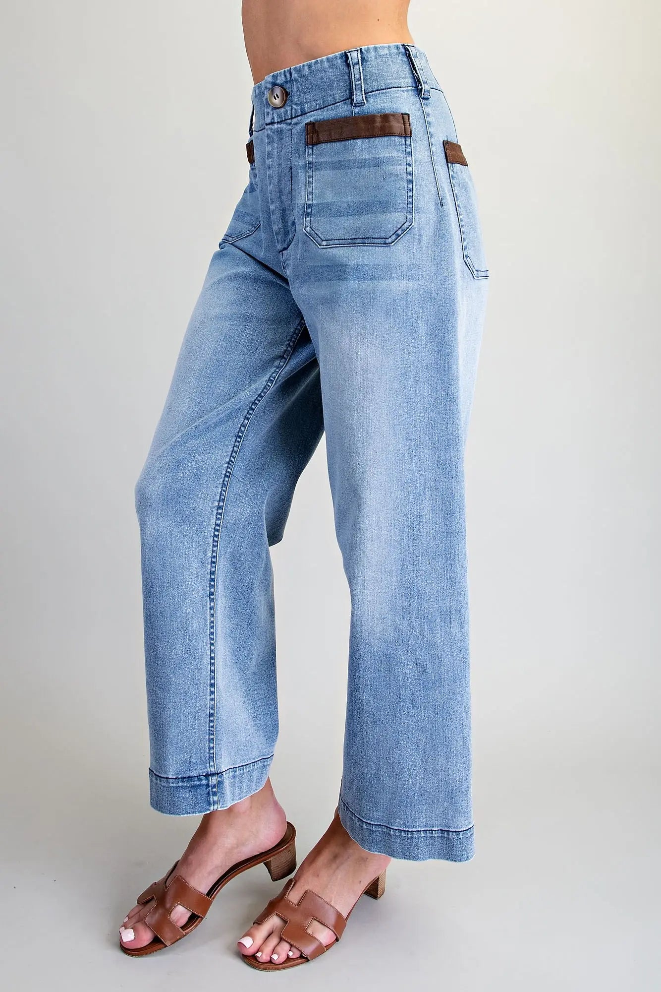 Leather Patch Pocket Cropped Denim