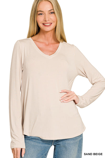 Flowy Round Hem V-Neck Long Sleeve- Sand Beige