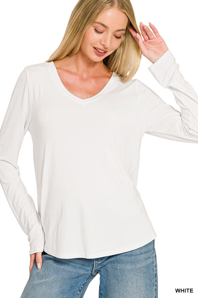 Flowy Round Hem V-Neck Long Sleeve- White
