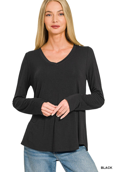 Flowy Round Hem V-Neck Long Sleeve- Black
