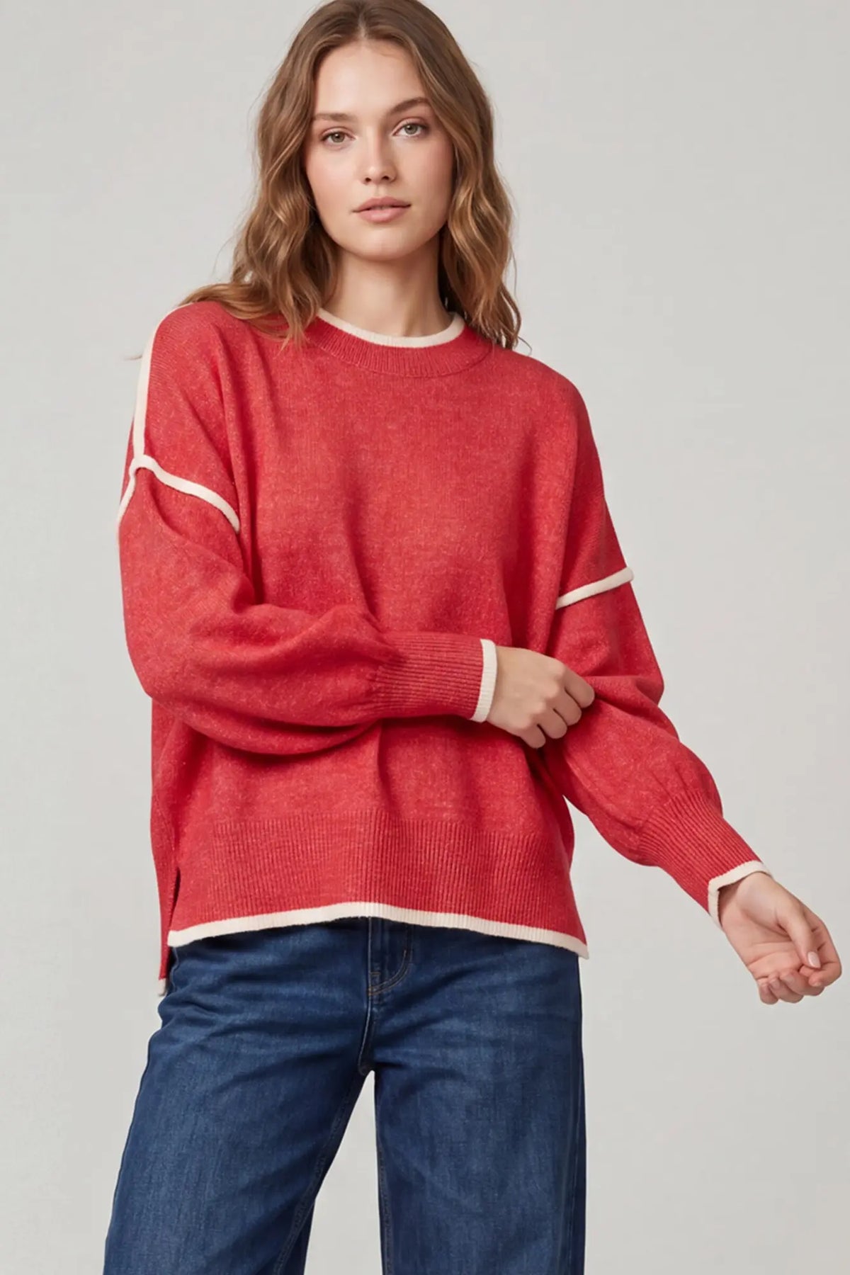 Red Sweater With Cream Trim Detail (Copy)