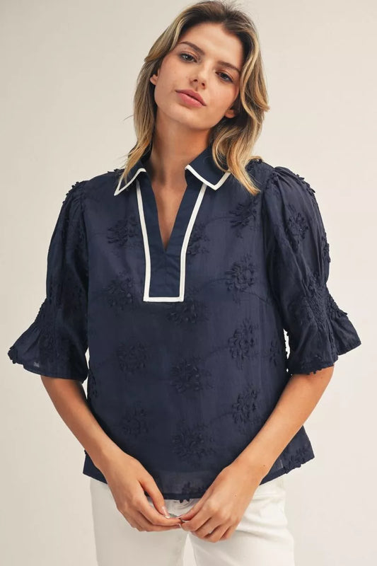 Navy Embroidered Floral Top