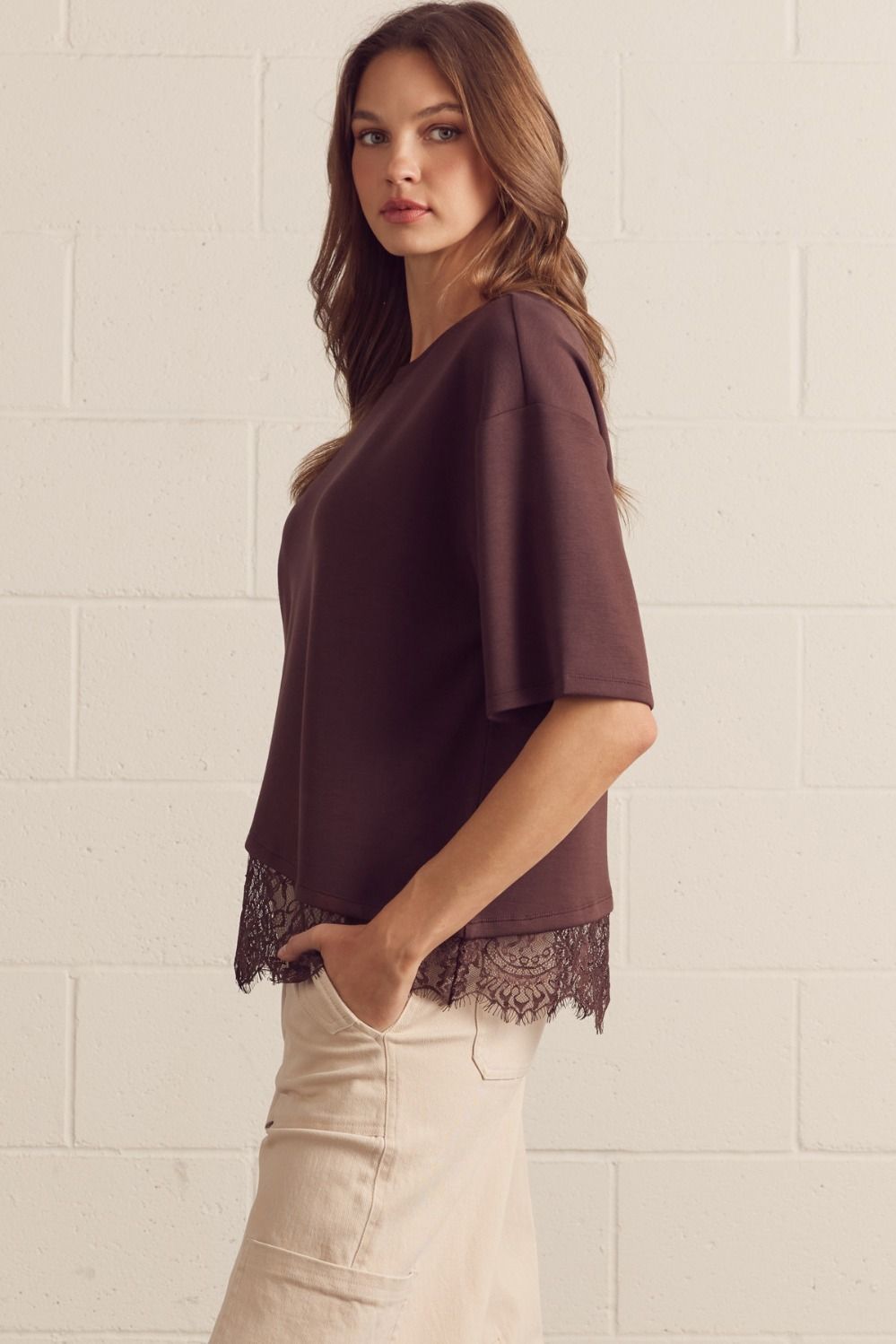 Slanted Hem Top with Lace